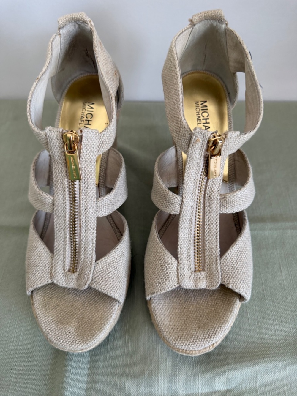 Michael Michael Kors Natural Linen espadrille wedge zip closure sandal Size 8.5